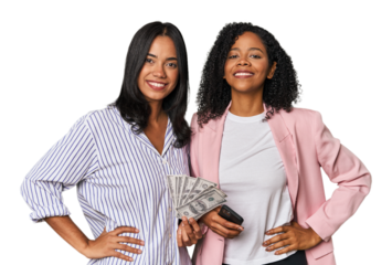 Latin businesswomen with money, phone confident keeping hands on hips.
