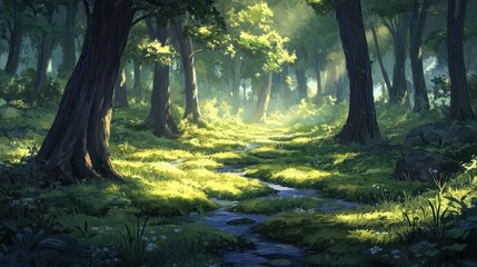 Obraz premium Enchanted Forest Stream Serene Landscape with Sunlight Filtering Through Trees.