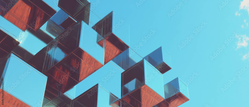 Aufkleber dynamic interplay of interlocking cubes showcases modern architectural form against a clear sky
