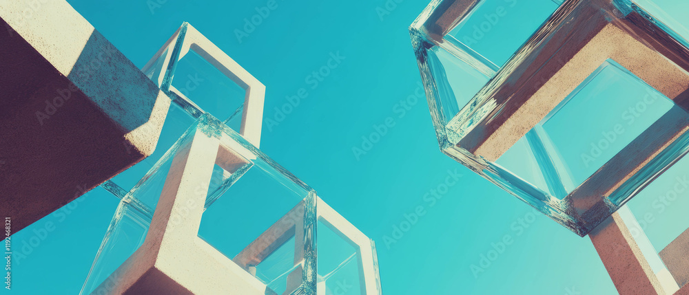 Poster Interlocking cubes create a dynamic architectural form against a clear sky