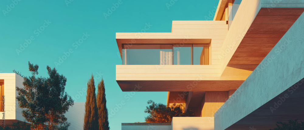Poster Interlocking cubes create dynamic volumes in modern architectural design during sunset