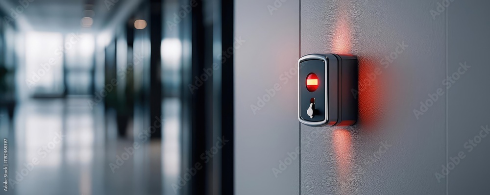 Poster fire alarm idea. close-up of a modern security access control system on an office wall.