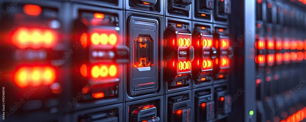 Aufkleber fire alarm idea. close-up view of a data center server with vibrant red lights indicating power.