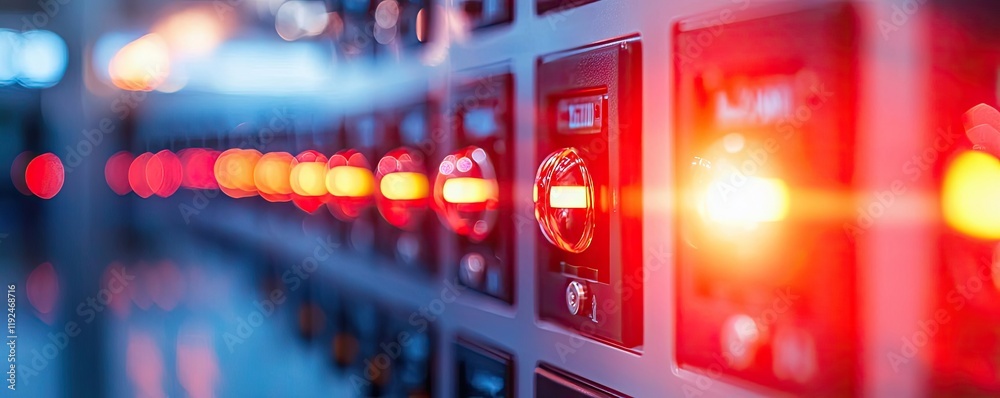 Aufkleber Fire alarm idea. Close-up of illuminated switches in a control panel with vivid red lights.