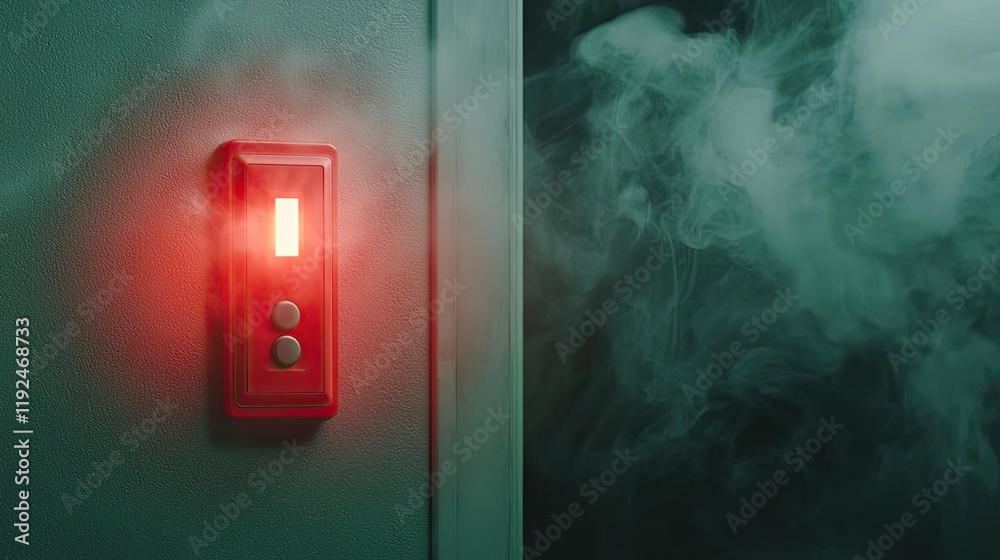 Poster Fire alarm idea. A glowing red button on a control panel with smoke in the background, creating suspense.