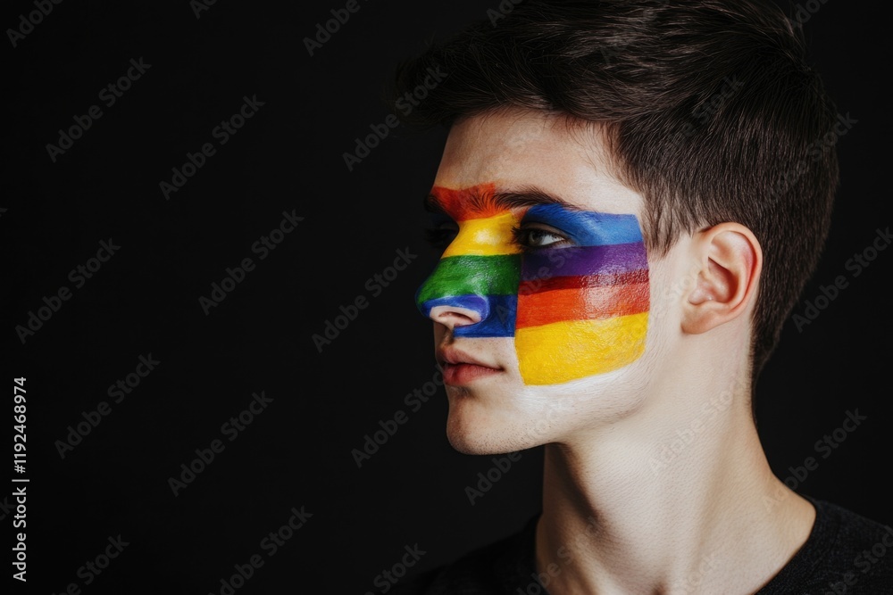 Poster a person with a colorful rainbow painted on their face, suitable for use in illustrations or graphic
