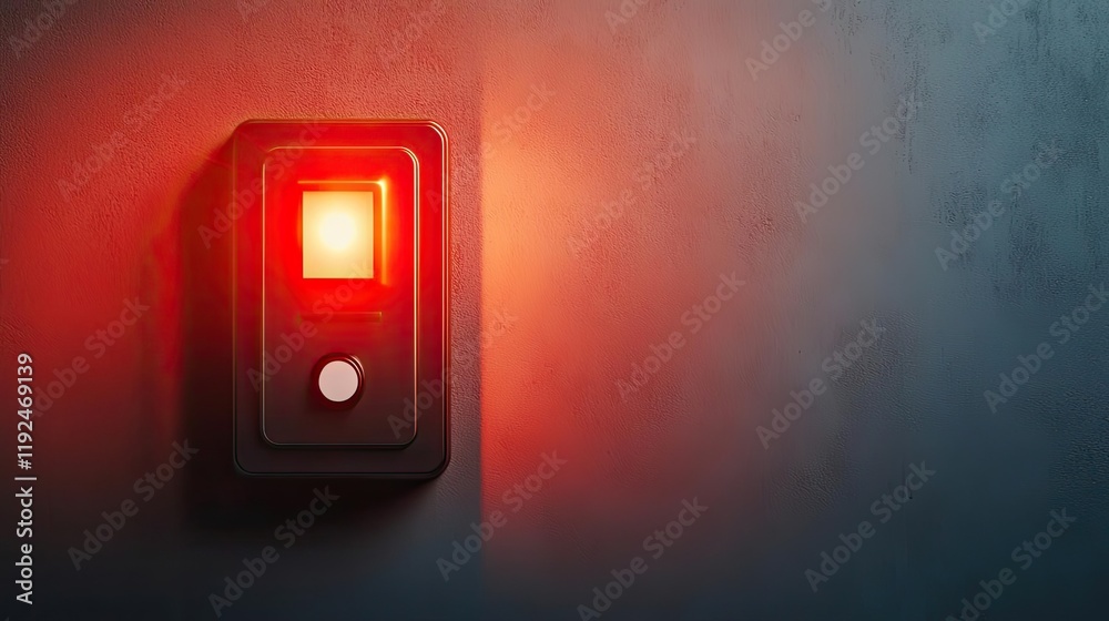 Poster fire alarm idea. a close-up of a modern red indicator light on a dark wall panel.