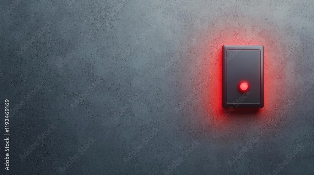 Poster fire alarm idea. a modern red light switch on a textured black wall, symbolizing power control.