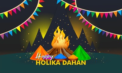 illustration of Holika Dahan (Burning Holika, the devil) background for Holi celebration.
