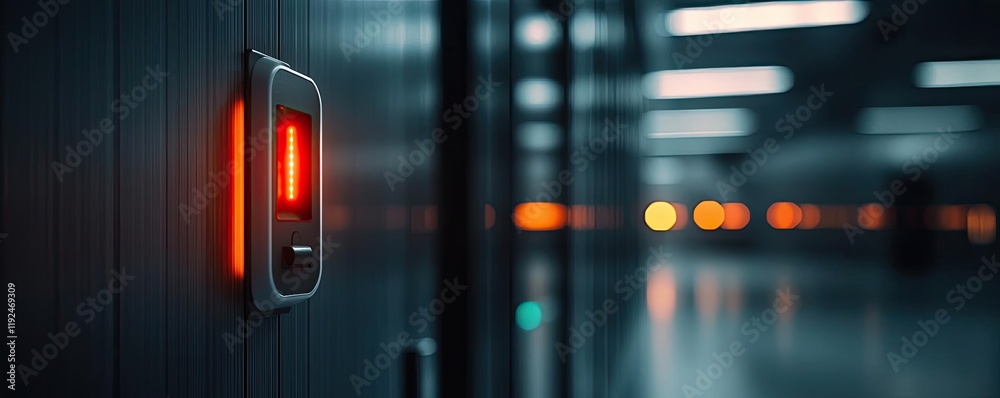 Poster Fire alarm idea. Close-up view of a smart sensor with glowing red light in a modern setting.