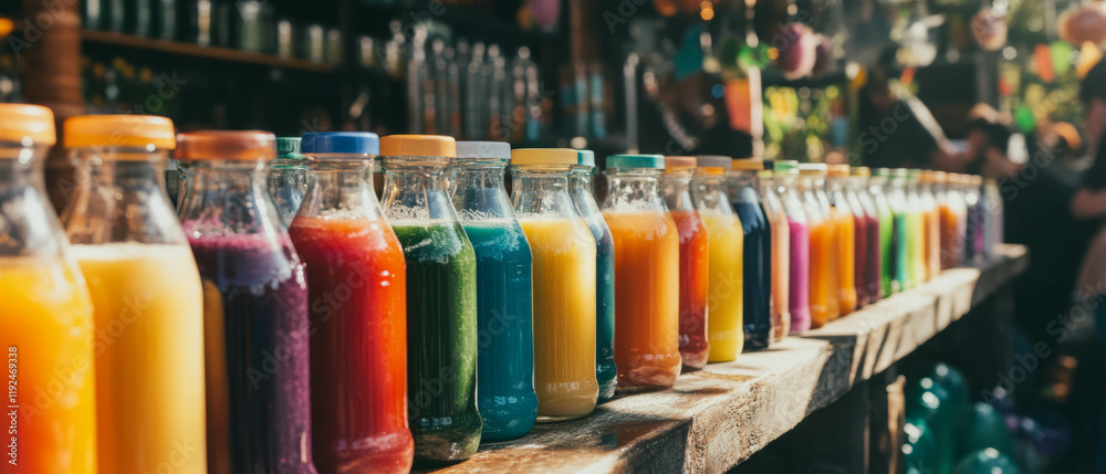 Poster freshly squeezed juice displayed in vibrant bottles at a market