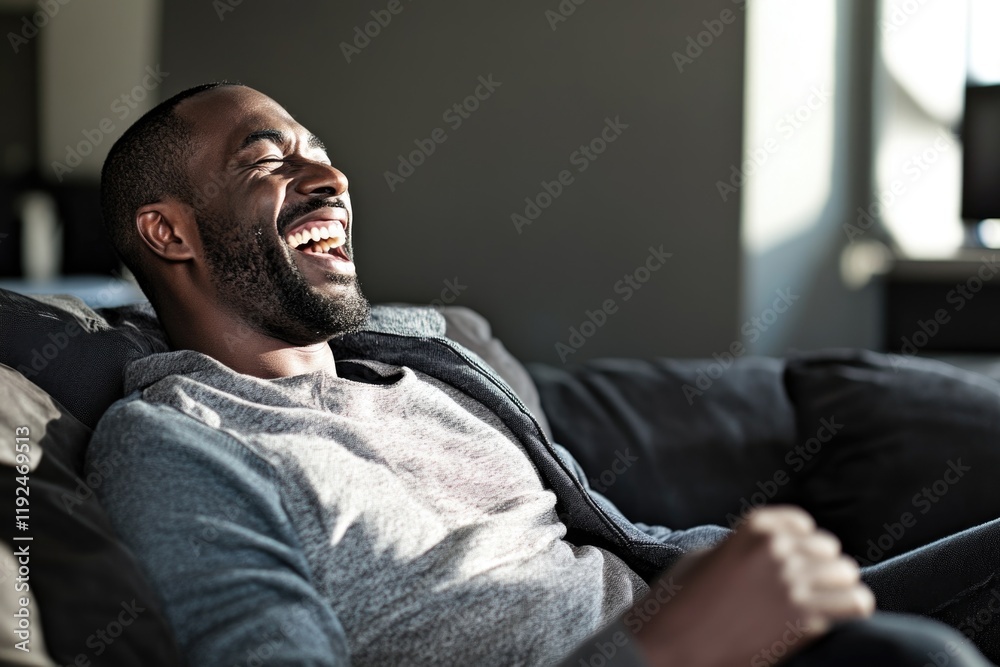 Poster a person enjoying a moment of laughter while seated on a sofa, perfect for use in social media posts