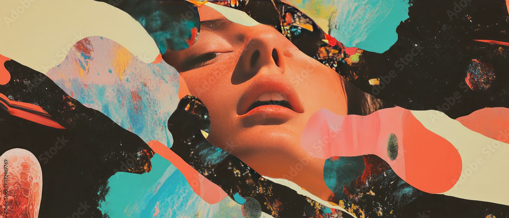 Poster layered visuals create a complex and vibrant art piece in a maximalist style