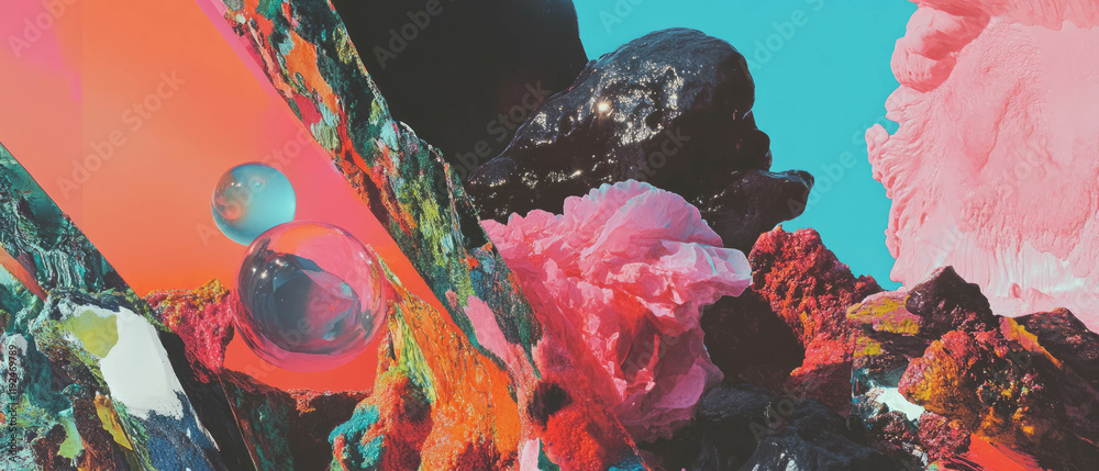 Poster Maximalist design featuring layered and overlapping vibrant elements in dynamic arrangement