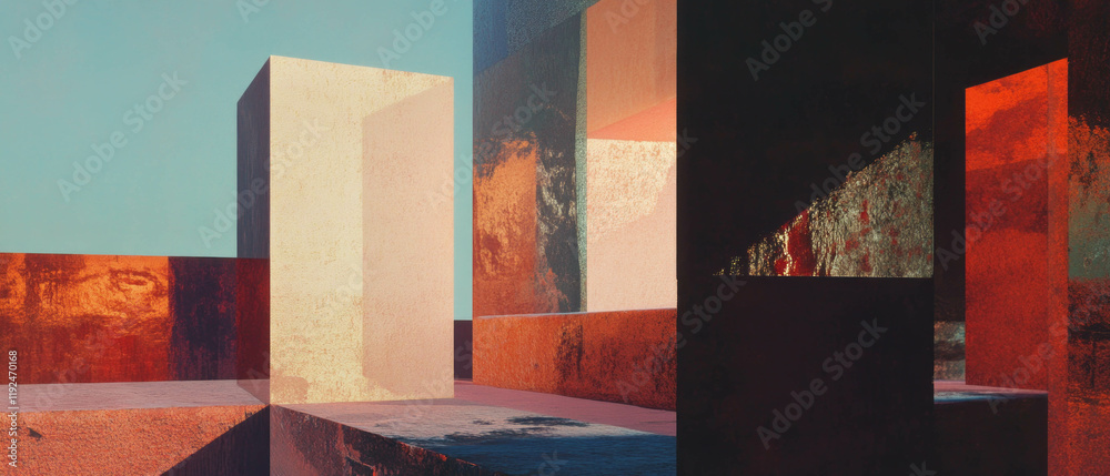 Poster Exploring layered textures and patterns in geometric forms creating depth and visual interest