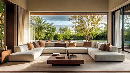 Fototapeta premium A modern living room featuring spacious white sectional sofa adorned with brown cushions, stylish coffee table, and large windows showcasing serene outdoor view. warm ambiance invites relaxation and c