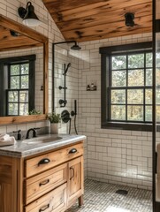 Rustic Bathroom Featuring Wooden Vanity And Subway Tiles