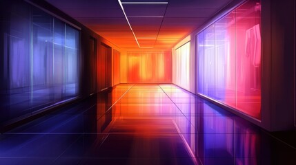 Futuristic hall with glowing lights and reflections showcasing vibrant colors, creating an immersive and dynamic atmosphere for modern design inspirations.