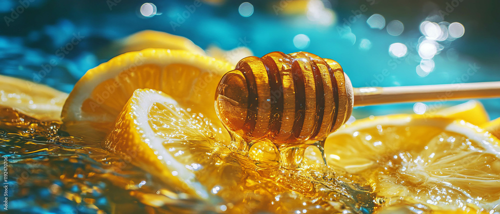Poster lemon slices with honey create a soothing natural remedy for wellness and relaxation