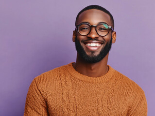 Fototapeta premium Portrait of a smiling man in her 20s standing on a solid color background, luminous, casual cloth
