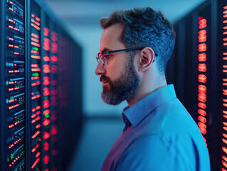 IT specialist analyzing server performance in data center with focused expression