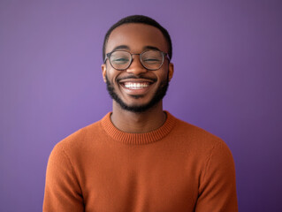 Fototapeta premium Portrait of a smiling man in her 20s standing on a solid color background, luminous, casual cloth