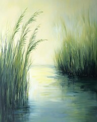 Obraz premium Serene River Landscape Impressionistic Oil Painting of Reeds and Calm Water at Dawn