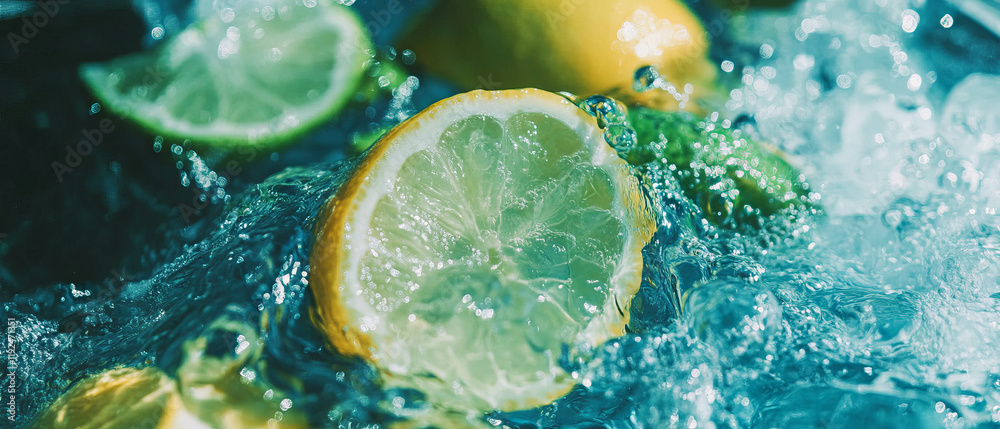 Poster Refreshing lemon slices submerged in sparkling water create a vibrant beverage
