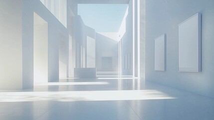 Obraz premium Minimalist gallery space with blank frames and soft natural light.