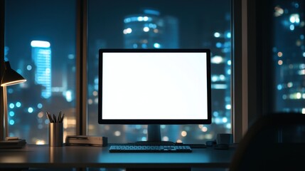Fototapeta premium Late Night Workspace Blank Computer Screen with Cityscape View.