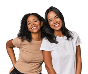 Young Latin friends in studio happy, smiling and cheerful.