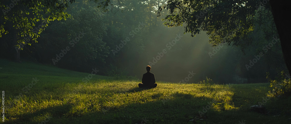 Poster tranquil meditation in a serene natural setting with soft light