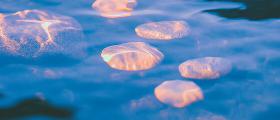 Tranquil water with smooth stones reflecting soft light at dawn