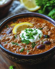 Delicious hearty chili, topped with sour cream and fresh parsley, perfect for a cozy night in.  Enjoy this flavorful bowl of comfort food!