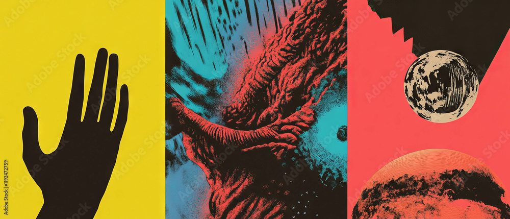 Aufkleber exploring bold linoleum prints with graphic shapes and vibrant colors in modern art