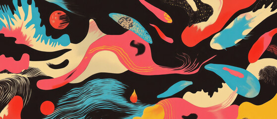 Exploration of bold linoleum prints showcasing vibrant graphic shapes and designs