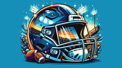 Fototapeta premium A flat-style close-up of a football helmet with reflections of the field and crowd lights 