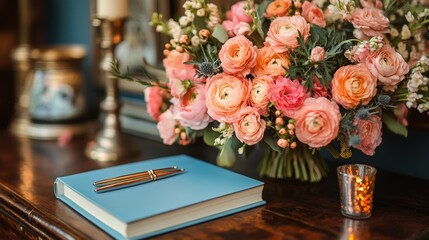 Obraz premium Elegant floral arrangement and stationery on a wooden table in a cozy, well-decorated room