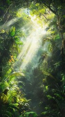 Obraz premium Sunlit Jungle Canopy with Lush Vegetation and Ray of Light.