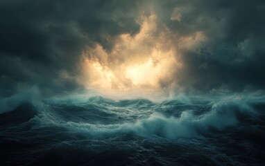 Obraz premium Dramatic Ocean Storm with Golden Light Breaking Through Dark Clouds.