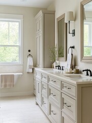 Fototapeta premium Elegant Neutral Bathroom Vanity With Double Sinks And Linen Cabinet