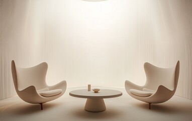 Minimal design with armchairs and a large curved screen.