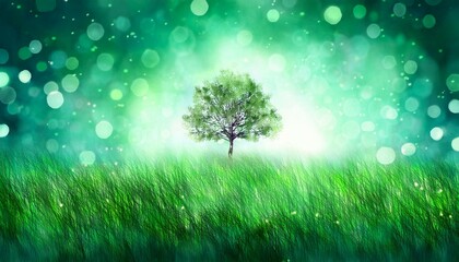 Obraz premium 美しい草原と木の風景画（緑）