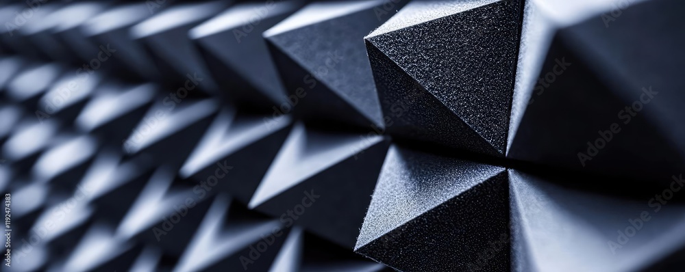 Poster Studio absorber concept. Close-up view of a textured black pyramid surface with geometric patterns.