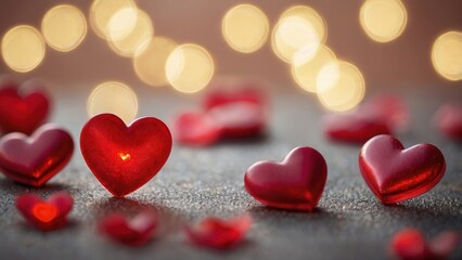 Obraz premium Valentines day card. Red heart-shaped candies on a textured surface with blurred lights in the background. Love and celebration concept
