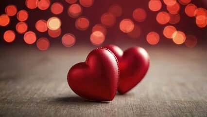 Obraz premium Valentines day card. Two red heart-shaped macarons on a wooden surface with a blurred red bokeh background. Love and celebration concept