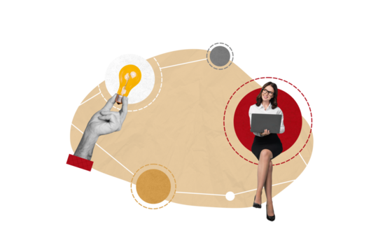 Magazine collage picture of smiling lady having successful achieving success idea isolated beige color background - Powered by Adobe