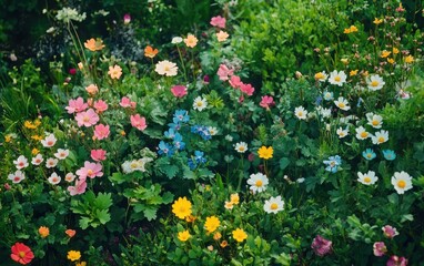 Vibrant Wildflower Meadow with Colorful Blossoms in Lush Green Foliage.