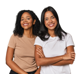 Young Latin friends in studio who feels confident, crossing arms with determination.
