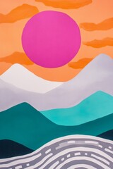 Fototapeta premium Landscape with colorful mountains, vibrant sun and abstract scenery, showcasing natures beauty, artistic expression and modern design elements for backgrounds.